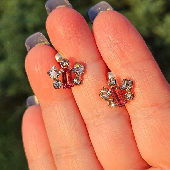 Vtg Marks & Spencer 12K Gold-Filled Rare Pink Rhinestone Brooch & Earrings Set - Picture 9 of 16